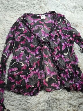 No Boundaries Black Sheer Button-Down Top with Pink and Purple Butterflies